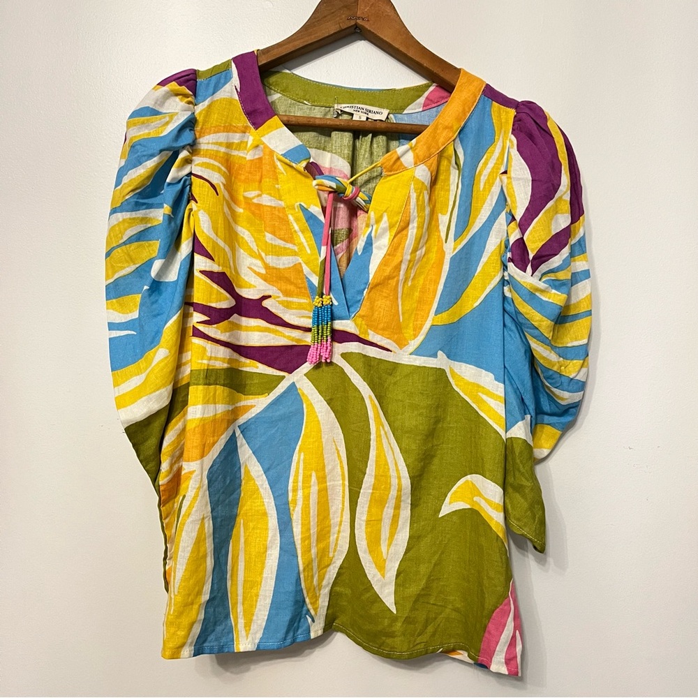 NWOT Colorful Linen Women's Top with Leaf Print